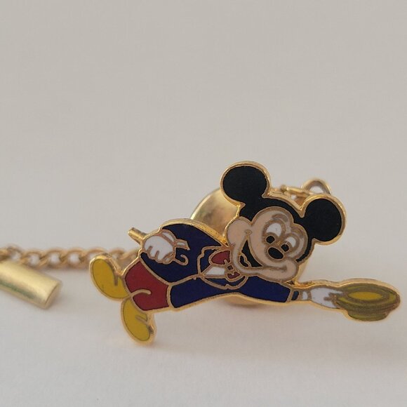 Vintage Disney Mickey Mouse Gold Tone Tie Tack Lapel Pin With Chain & Bar - Picture 2 of 6